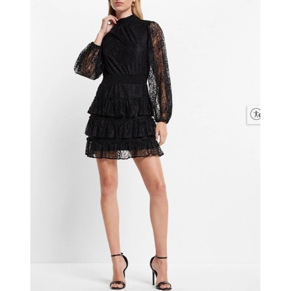 Express S Lace Mock Neck Long Sleeve Tiered Ruffle Dress Cocktail Holiday Party